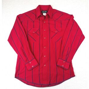 Wrangler Mens Western Pearl Snap Shirt Red Navy Blue Striped Long Sleeve Large L
